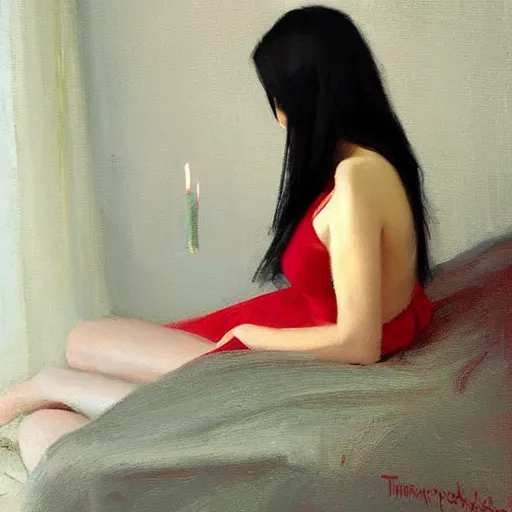 Image similar to beautiful girl with long black hair, in backless red dress, backview, sitting on edge of bed, in a candle lit room, by jeremy lipking, tim rees, joseph todorovitch