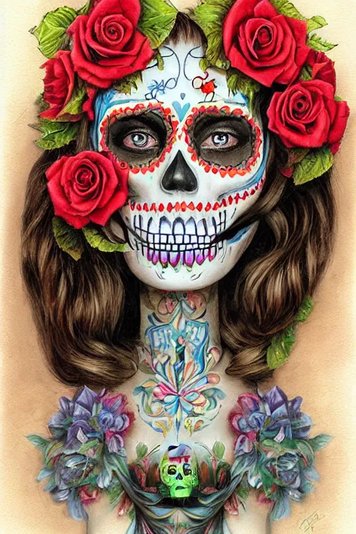 Prompt: Illustration of a sugar skull day of the dead girl, art by bob byerley