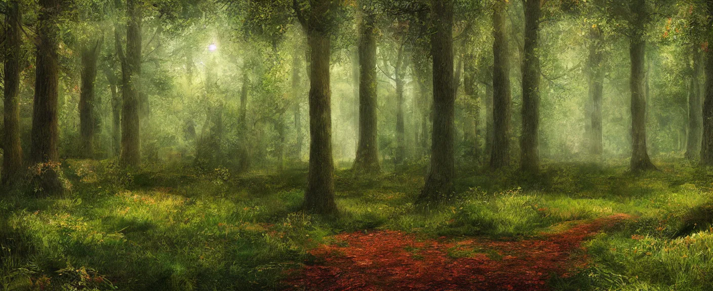 Image similar to a clearing in a forest, digital art, highly detailed, realistic, bright colors, 8 k