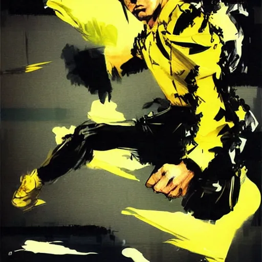 Image similar to a kick by Bruce Lee wearing a yellow jumpsuit by Yoji Shinkawa and Ashley Wood