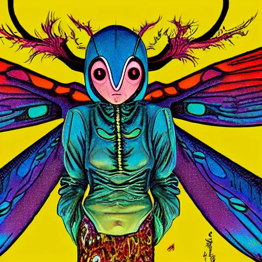 Image similar to Psychedelic mothman by Junji Ito and Satoshi Kon, post-processing, beautiful