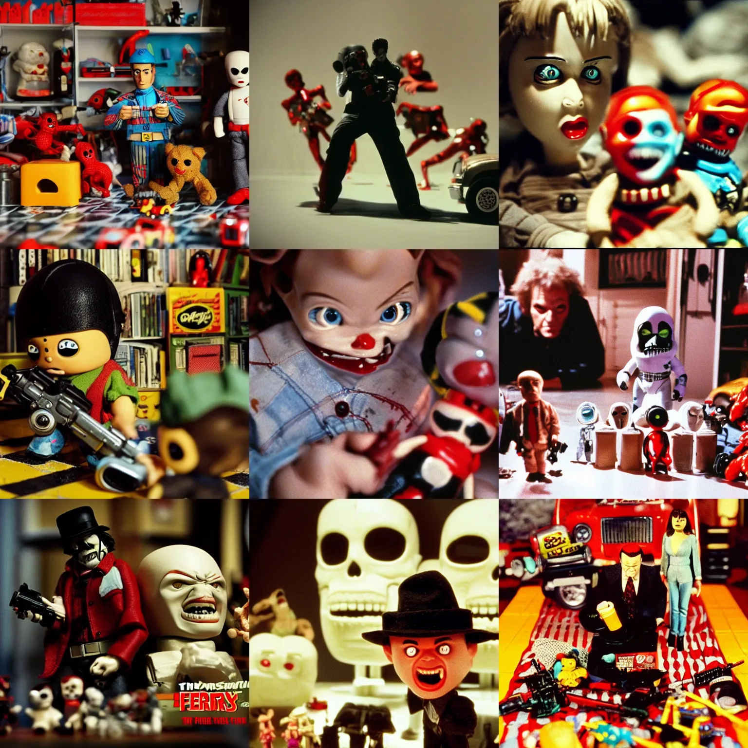 Prompt: toys comming to life, scary, directed by quentin tarantino, fear, horror, thriller, cinematic still,