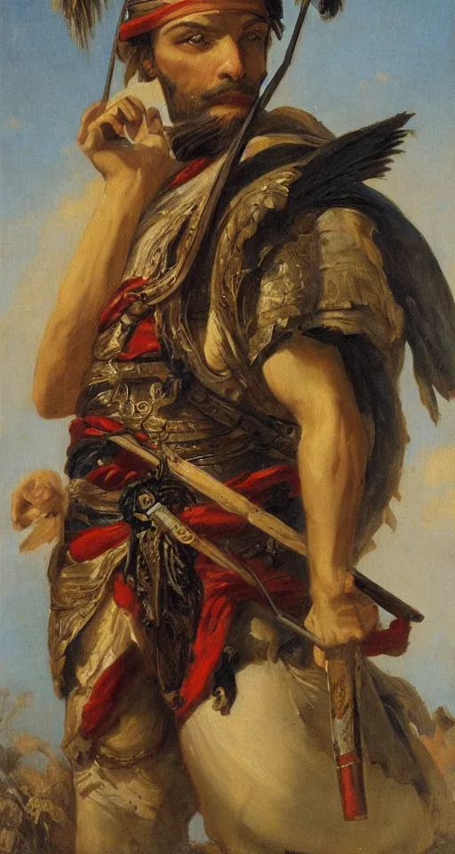 Image similar to orientalist portrait painting of a the great greek warrior achilles with a cormorant on his shoulder, in romantic style, sfumato