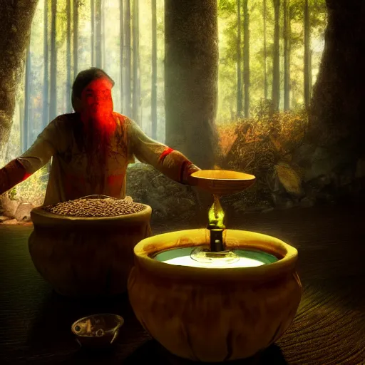 Image similar to a shaman preparing a magic decoction in a dreamy atmosphere, 4 k, 3 d, photo