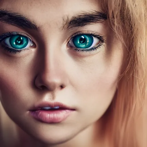 Image similar to A gorgeous blonde, grungy, glowing eyes, modelsociety, radiant skin, huge anime eyes, studio lighting, perfect face, intricate, Sony a7R IV, symmetric balance, polarizing filter, Photolab, Lightroom, 4K, Dolby Vision, Photography Award