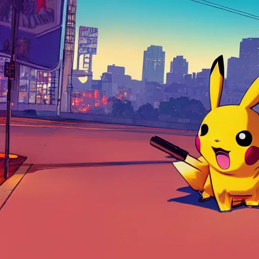 Prompt: GTA V Cover art of Pikachu, Grand Theft Auto, by Christopher Balaskas and artgerm, vibrant, digital art, landscape, studio lighting, model, realism, 4k
