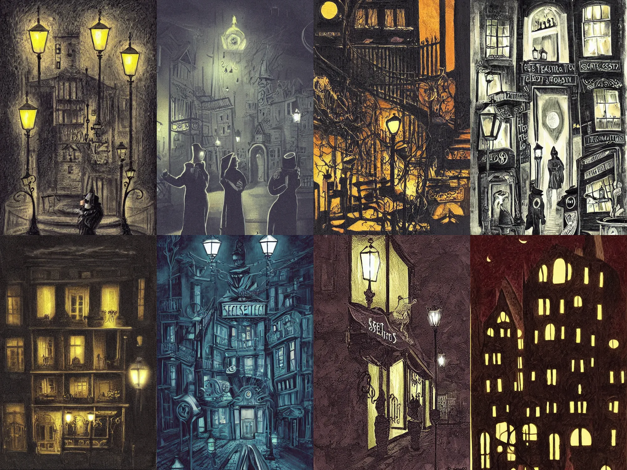 Prompt: secret tea society, night lights, dark color, art by rotella mimmo