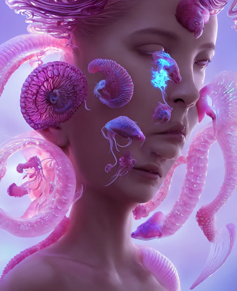 Image similar to goddess princess beautiful face close-up portrait ram skull zbrush sculpt. jellyfish phoenix head, nautilus, orchid, skull, betta fish, bioluminiscent creatures, intricate artwork by Tooth Wu and wlop and beeple. octane render, trending on artstation, greg rutkowski very coherent symmetrical artwork. cinematic, hyper realism, high detail, octane render, 8k