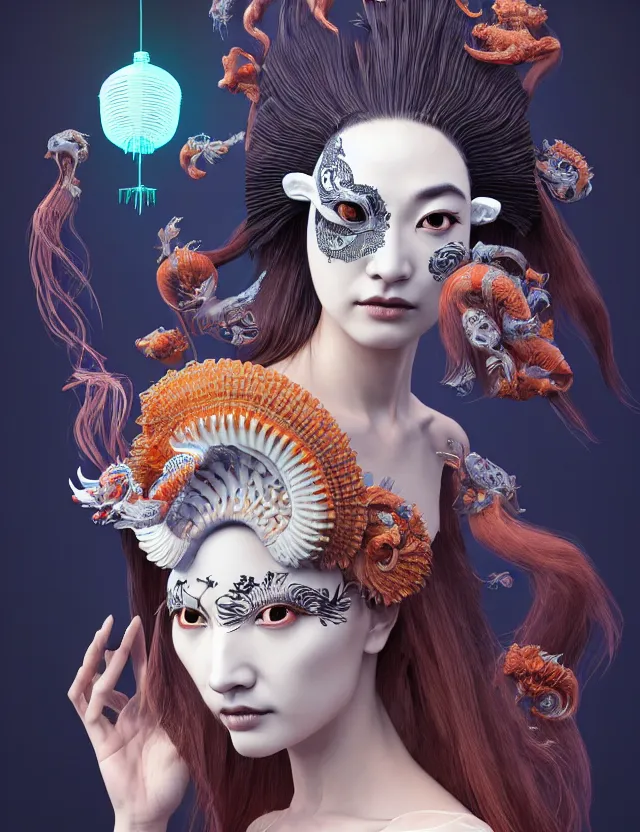 Image similar to 3 d slvic goddess half - turn portrait with long hair with ram skull. beautiful intricately detailed japanese crow kitsune mask and clasical japanese kimono. betta fish, jellyfish phoenix, bio luminescent, plasma, ice, water, wind, creature, artwork by tooth wu and wlop and beeple and greg rutkowski