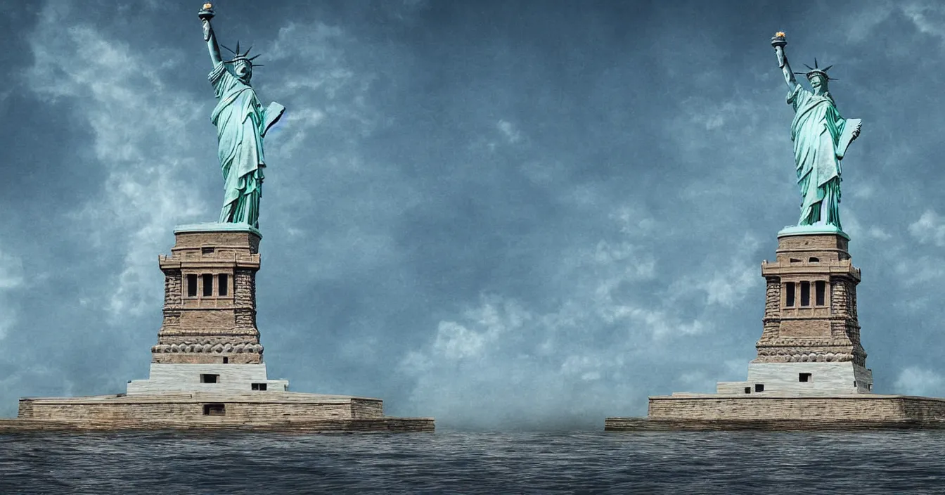 Prompt: imagination of the statue of liberty broke free from its pedestal and jumped into the water, realistic digital art, composition