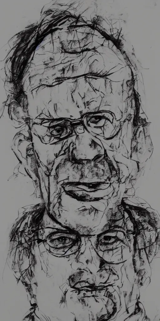 Image similar to a loose wild messy ink sketch portrait of a self portrait in the style of ralph steadman, caricature, dramatic