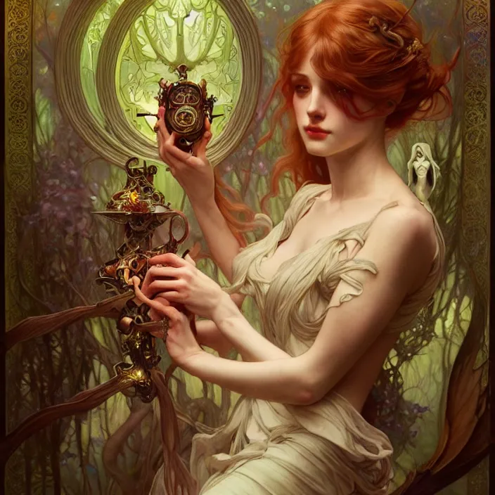Image similar to Lyra and her dæmon, LSD, diffuse lighting, fantasy, intricate, elegant, highly detailed, lifelike, photorealistic, digital painting, artstation, illustration, concept art, smooth, sharp focus, art by John Collier and Albert Aublet and Krenz Cushart and Artem Demura and Alphonse Mucha