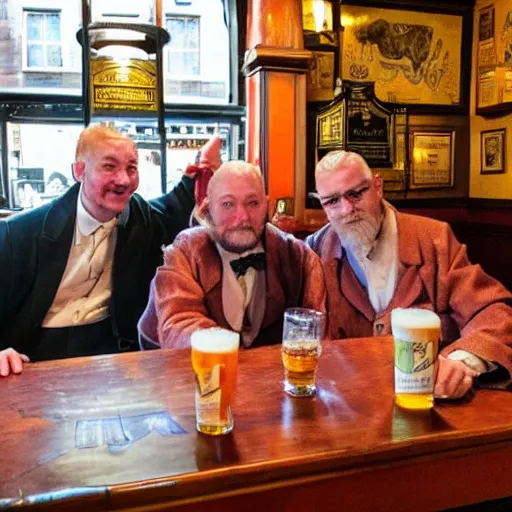Prompt: the three wise men in period regal clothing in a wetherspoons pub having a pint