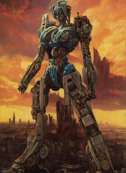 Image similar to biblical mecha daemonic slim fit female, dynamic pose, in clouds over a city, sunset, big eyes, portrait by mikhail vrubel, studio lighting, muted colors, by frank frazetta, extreme detail, reflections, trending on artstation, 8 k