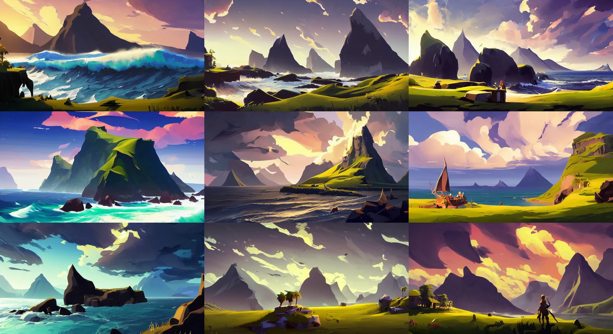 Prompt: landscape painting by sargent dark painting treasure on sea of thieves game smooth median photoshop filter cutout vector, faroe azores falklend lofoten behance hd by jesper ejsing, by rhads, makoto shinkai and lois van baarle, ilya kuvshinov, rossdraws global illumination adove low black thunder clouds sky image overcast