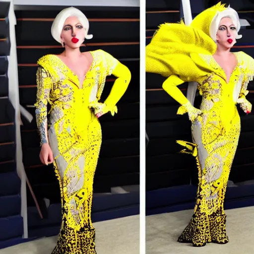 Image similar to full body photo of lady gaga wearing with a banana style dress, award winning