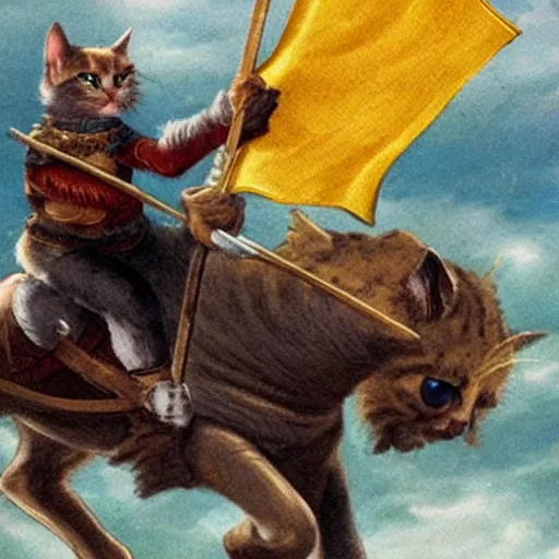 Prompt: a warrior cat carrying his battle flag while riding a large steed cat that is galloping into battle