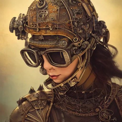 Image similar to dan mumford tom bagshaw, dream world curiosities carnival flying, photorealistic octane render of a single very beautiful helmet full long steampunk metallic armored ornate female, accurate features, focus, very intricate ultrafine details, award winning masterpiece, steampunk world spikes