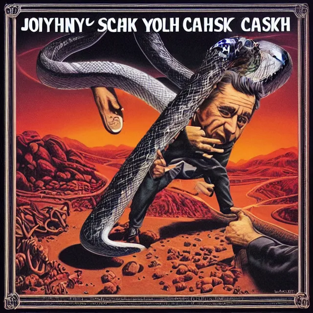 Prompt: album cover for Johnny Cash: The Snake Oil Tapes, album art by Ron Walotsky, snake oil album, snakes