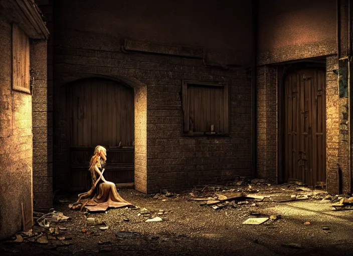 Prompt: photo of an alley of an abandoned city at night with a lone elven woman warrior sitting in the corner leaning on a closed door. Fantasy magic horror style. Highly detailed 8k. Intricate. Nikon d850 55mm. Award winning photography.