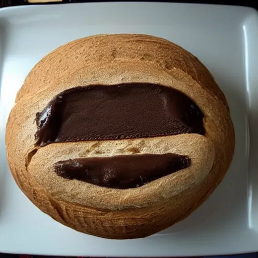 Prompt: bread that looks like a chocolate ice - cream with a face