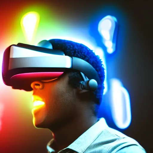 Prompt: dark skinned man wearing futuristic vr headset neon lights ambient light unity game ultra - realistic