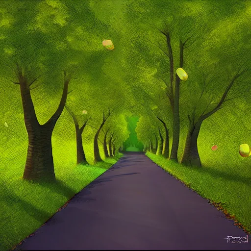 Prompt: road through a cherry tree forest, pellets falling down with the wind, pinkshift render, advanced digital painting, 4k