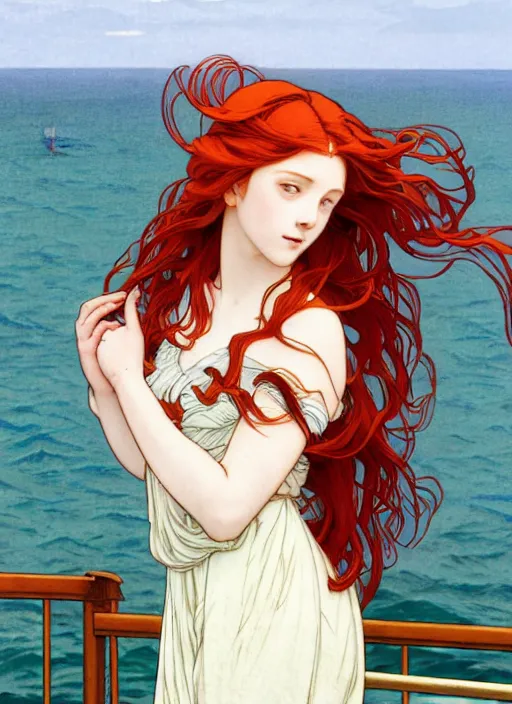 Image similar to a pretty young woman with long red hair blowing in the wind is leaning on the rail of a sailing ship, looking out to sea, path traced, highly detailed, high quality, digital painting, by studio ghibli and alphonse mucha, ron cobb, leesha hannigan, hidari, art nouveau, chiho aoshima, jules bastien - lepage