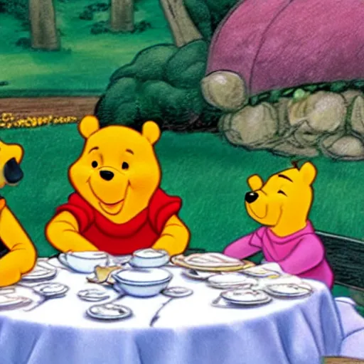 Image similar to Winnie the Pooh invites Tiger and Piglet to dine in a very fancy restaurant.