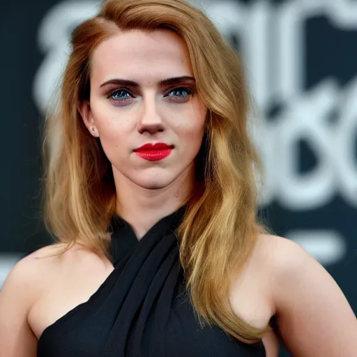 Image similar to a woman who is a genetic combination of scarlett johansson and emma watson face and upper - body focus