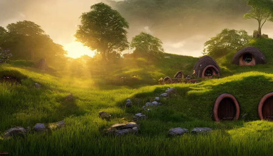 Prompt: hobbit houses in a grass field hill, sunny day, ray of sunlight, volumetric, depth, of field, hypersharp, hyperdetailed, by moebius, artstation, cgsociety, 8 k