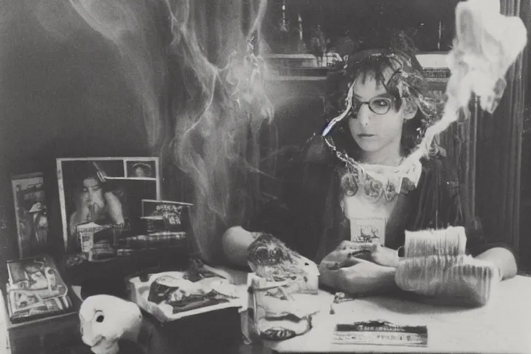 Prompt: polaroid 1 9 8 0's photo, close up portrait, dramatic lighting, concentration, calm confident teen witch and her cat reading tarot card, incense smoke fills the air, a witch hat and cape, ingredients on the table, apothecary shelves in the background, still from harry potter