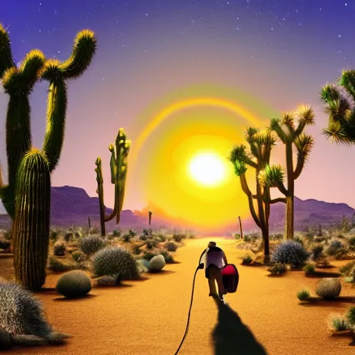 Prompt: A five-foot tall human nose that is walking a leashed holographic beetle in a desert with purple cacti, joshua trees, with a red sun directly overhead. Detailed illustration.