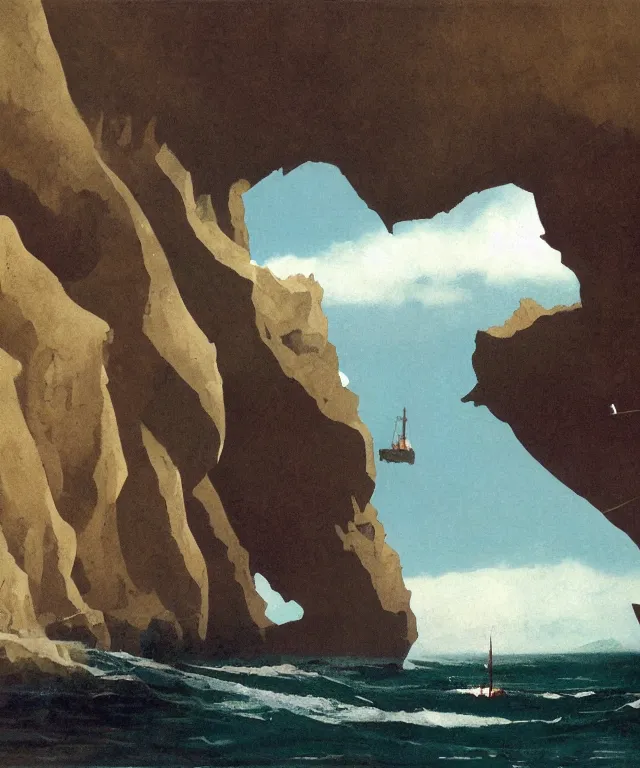 Image similar to photorealistic painting of a 1 9 2 5 seiner sailing near a tropical cliff with the mouth of a sea cave at the waterline, dark, brooding, atmospheric, lovecraft, horror, smooth, epic, highly detailed, cinematic, by angus mcbride