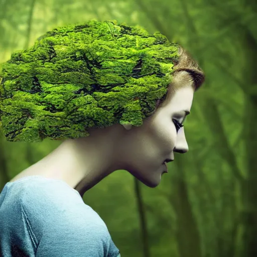 Prompt: a beautiful woman with trees growing out of her head,