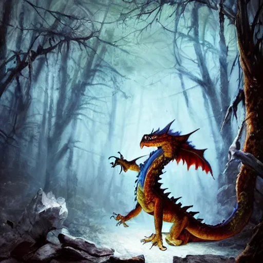 Prompt: oil painting of cute dragon in cold forest, dnd character, background focus, fantasy, lizard legs, magic, realistic textured skin, big lizard head, eagle feather, eagle wings, glowing eyes, clear clean, artgem, boris valejo, goro fujita, frank frazetta, trending on artstation, digital painting, beautiful, very detailed, pixar