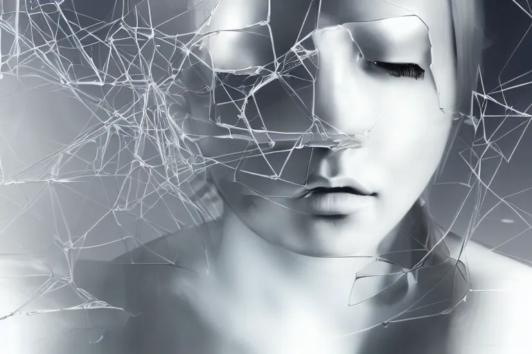 Prompt: a female figure made out white glass with metal connectors covering her eyes, photorealistic digital art