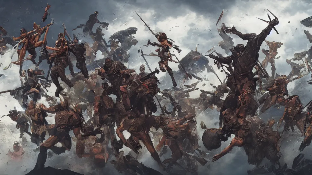 Prompt: patrick j. jones. rutkowski. from high above i see the last of my warriors surrounded by giant demons. this is my last chance. 3 8 4 0 x 2 1 6 0