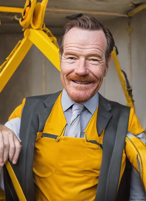 Image similar to closeup portrait of cheerful bryan cranston with crane arms, construction, yellow hardhat, sitting in a crane, natural light, bloom, detailed face, magazine, press, photo, steve mccurry, david lazar, canon, nikon, focus