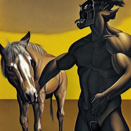 Image similar to ripped physique portrait horse-face Nightmarish Horse Man Warlock the Bobby Fischer camouflaged as a Pony wearing a yellow hoodie eyvind earle greg rutkowski edgar degas andrew wyeth giorgio de chirico