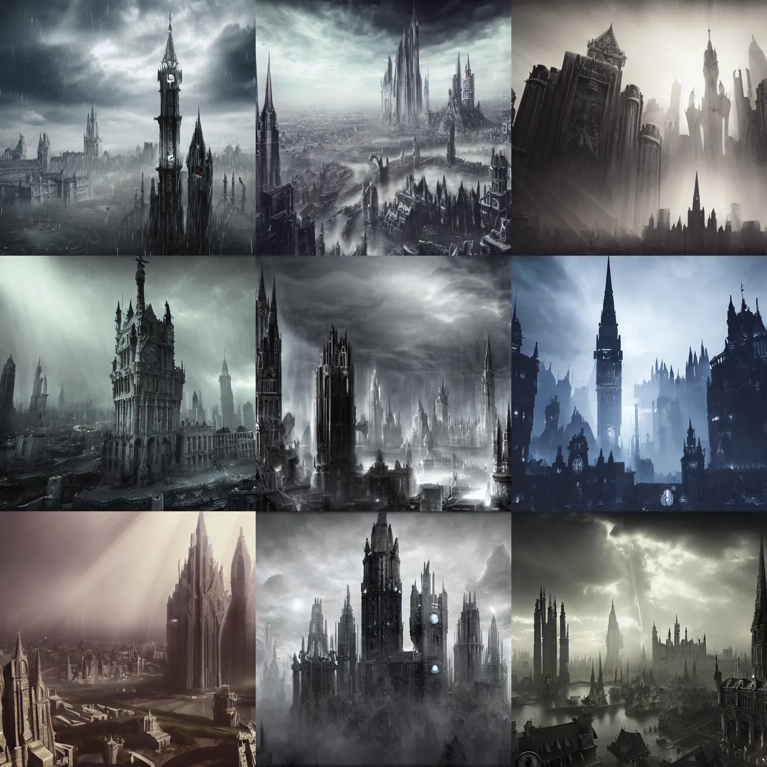 Prompt: fantasy city made from white stone, medieval city, metropolis, magic, high towers, waterways, dark clouds, white marble, god rays, digital art, landscape, fantasy art, Octane Render, Ureal Engine, high detail, very realistic, gloomy, midnight, vantablack, ambrotype, cyanotype, dark academia, gothic art, style of Blade Runner 2049, calotype, daguerreotype, style of Game of Thrones, gothic, style of Lord of the Rings, style of Nosferatu, polaroid, style of Stranger Things, tintype, by Greg Rutkowski. by James Gurney