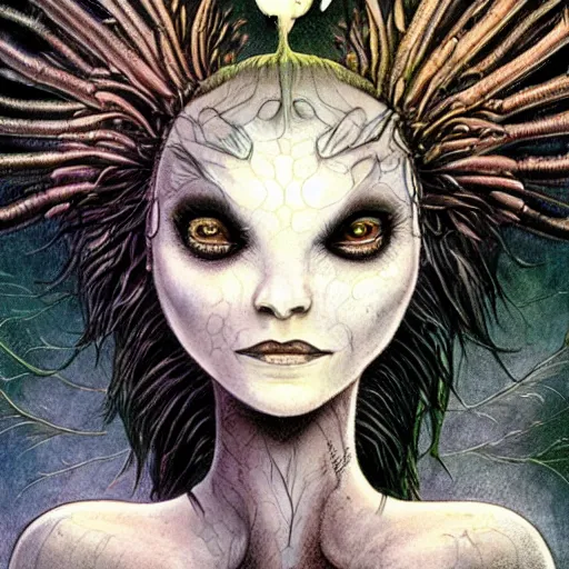 Image similar to detailed illustration of attractive humanoid alien species with beautiful human female face, female human torso, dark fae, black feathers instead of hair, feathers growing out of skin, wings growing out of arms, transformation, brian froud, tim burton, guillermo del toro