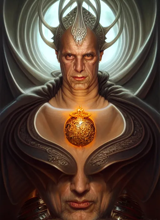 Image similar to portrait shot of an evil priest, intricate, elegant, highly detailed, centered, digital painting, artstation, concept art, smooth, sharp focus, illustration, artgerm, tomasz alen kopera, peter mohrbacher, donato giancola, joseph christian leyendecker, wlop, boris vallejo