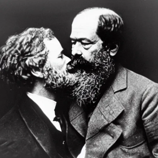 Image similar to Karl Marx and Sigmund Freud kissing, 1920, Bedroom backround