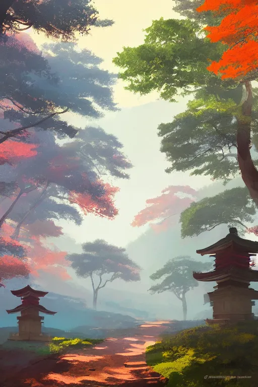 Image similar to Japanese Torii in a colorful moutain with trees ,morning , by Grzegorz Rutkowski, concept art