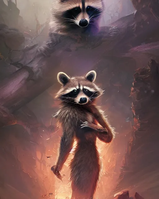 Image similar to Raccoon Shapeshifter, magic the gathering artwork, D&D, fantasy, cinematic lighting, centered, symmetrical, highly detailed, digital painting, artstation, concept art, smooth, sharp focus, illustration, volumetric lighting, epic Composition, 8k, art by Akihiko Yoshida and Greg Rutkowski and Craig Mullins, oil painting, cgsociety