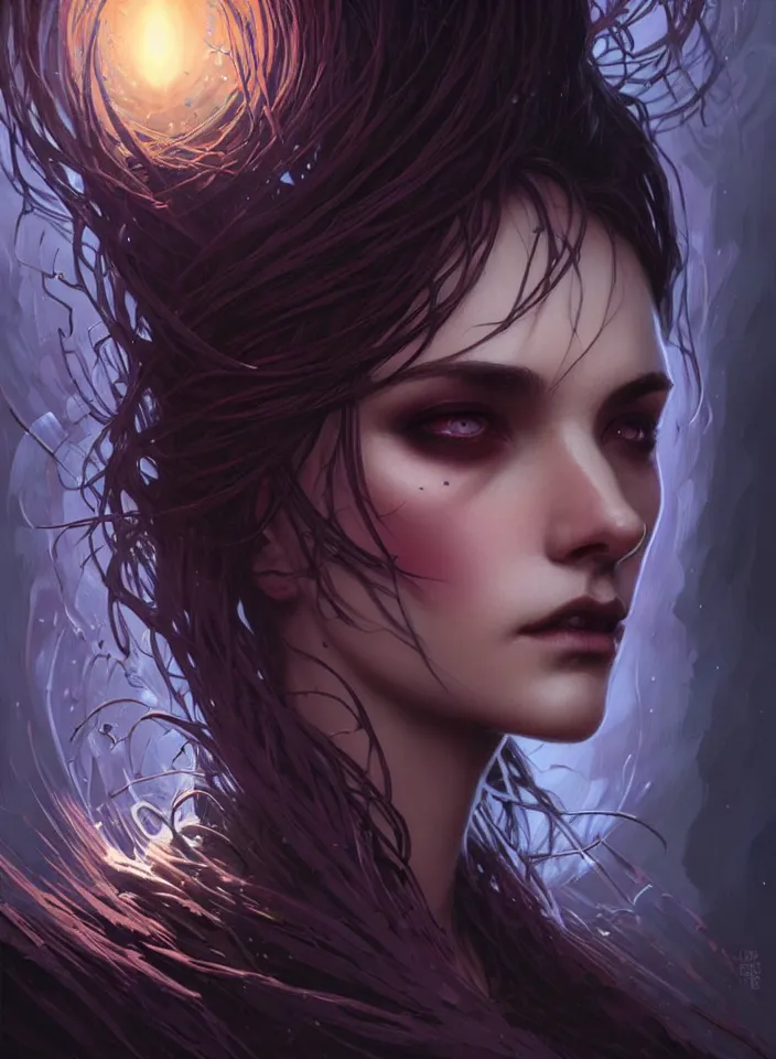 Image similar to Necromancer Sorceress face close-up macro in center, fantasy magic, undercut hairstyle, dark light night, intricate, elegant, sharp focus, illustration, highly detailed, digital painting, concept art, matte, art by WLOP and Artgerm and Greg Rutkowski and Alphonse Mucha, masterpiece