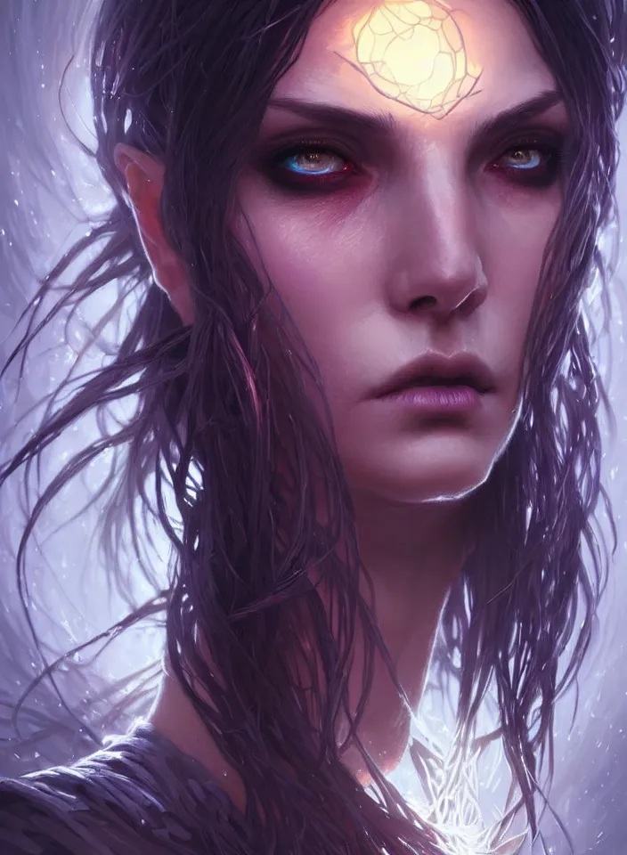 Image similar to Necromancer Sorceress face close-up macro in center, fantasy magic, undercut hairstyle, dark light night, intricate, elegant, sharp focus, illustration, highly detailed, digital painting, concept art, matte, art by WLOP and Artgerm and Greg Rutkowski and Alphonse Mucha, masterpiece