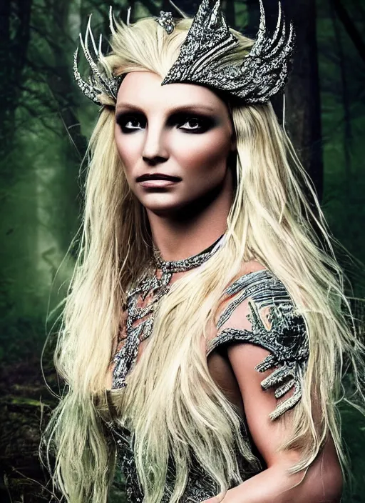 Image similar to Beautiful elsa, Looks like Britney Spears, In the woods, Dramatic, Edge, Good, Infused, Backlight, De-Noise, VFX, insanely detailed and intricate, hypermaximalist, elegant, ornate, hyper realistic, super detailed