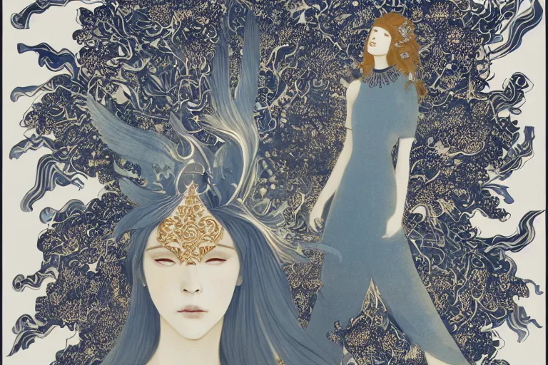 Image similar to woman portrait, phoenix in fire, goddess of greek mythology, orthodox saint, amalgamation of leaves and flowers. balenciaga, intricate complexity. matte paper, cut paper texture. by Jeffrey Catherine Jones, James jean, Miho Hirano, Hayao Miyazaki, coarse gritby. Full of light-blue and silver and white layers. Exquisite detail 8K